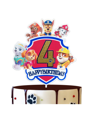 Paw Patrol Birthday Cake Topper, Glittery Number 4 Happy Birthday Decoration with Cute Puppy Heroes for 4th Birthday Party Supplies, Kids Cartoon Themed Cake Decor