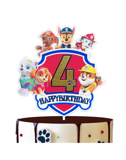 Paw Patrol Birthday Cake Topper, Glittery Number 4 Happy Birthday Decoration with Cute Puppy Heroes for 4th Birthday Party Supplies, Kids Cartoon Themed Cake Decor