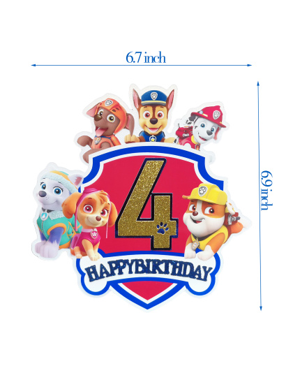 Paw Patrol Birthday Cake Topper, Glittery Number 4 Happy Birthday Decoration with Cute Puppy Heroes for 4th Birthday Party Supplies, Kids Cartoon Themed Cake Decor