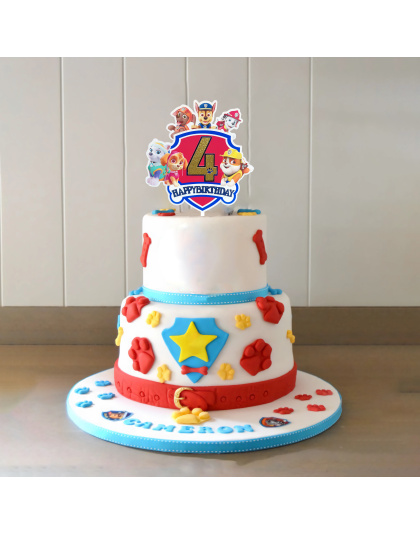 Paw Patrol Birthday Cake Topper, Glittery Number 4 Happy Birthday Decoration with Cute Puppy Heroes for 4th Birthday Party Supplies, Kids Cartoon Themed Cake Decor
