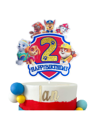 Paw Patrol Birthday Cake Topper, Glittery Number 2 Happy Birthday Cake Decoration with Paw Patrol Characters, Perfect for 2nd Birthday Party Supplies, Kids Cartoon Themed Party Decor