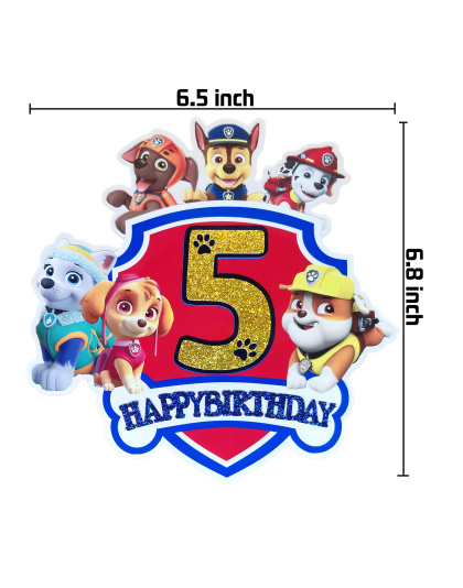 Paw Patrol 5th Birthday Cake Topper, Glitter Number 5 Happy Birthday Cake Decoration with Paw Patrol Characters, Ideal for 5th Birthday Party Supplies, Kids Cartoon Themed Party Decor