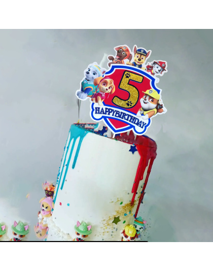 Paw Patrol 5th Birthday Cake Topper, Glitter Number 5 Happy Birthday Cake Decoration with Paw Patrol Characters, Ideal for 5th Birthday Party Supplies, Kids Cartoon Themed Party Decor