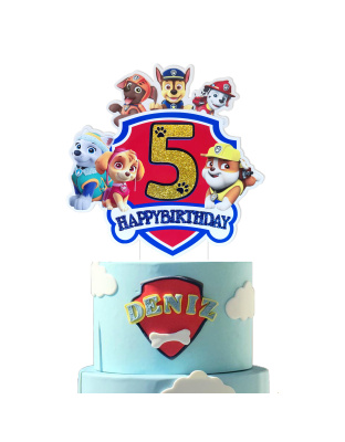 Paw Patrol 5th Birthday Cake Topper, Glitter Number 5 Happy Birthday Cake Decoration with Paw Patrol Characters, Ideal for 5th Birthday Party Supplies, Kids Cartoon Themed Party Decor