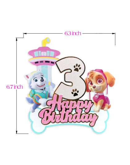 3rd Birthday Paw Patrol Cake Topper, Glitter Number 3 &amp; Paw Patrol Pups Skye, Everest, Happy Birthday Design with Lookout Tower, Great for 3rd Birthday Party Decor, Kids Cartoon Party Essentials