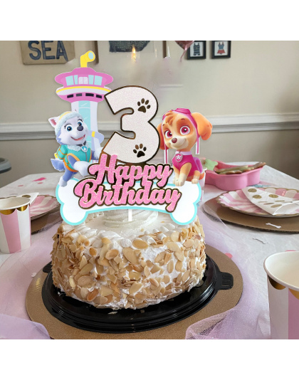 3rd Birthday Paw Patrol Cake Topper, Glitter Number 3 &amp; Paw Patrol Pups Skye, Everest, Happy Birthday Design with Lookout Tower, Great for 3rd Birthday Party Decor, Kids Cartoon Party Essentials