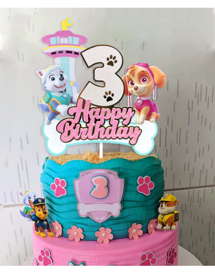 3rd Birthday Paw Patrol Cake Topper, Glitter Number 3 &amp; Paw Patrol Pups Skye, Everest, Happy Birthday Design with Lookout Tower, Great for 3rd Birthday Party Decor, Kids Cartoon Party Essentials