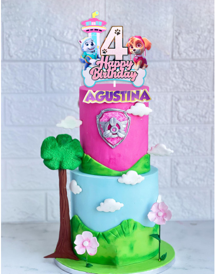 Paw Patrol Themed 4rd Birthday Cake Topper, Glitter Number 4 with Happy Birthday Lettering, Featuring Skye, Everest &amp; Lookout Tower, Perfect for 4rd Birthday Party Decorations, Kids Paw Patrol Party Supplies