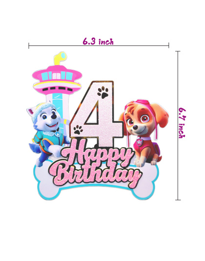 Paw Patrol Themed 4rd Birthday Cake Topper, Glitter Number 4 with Happy Birthday Lettering, Featuring Skye, Everest &amp; Lookout Tower, Perfect for 4rd Birthday Party Decorations, Kids Paw Patrol Party Supplies