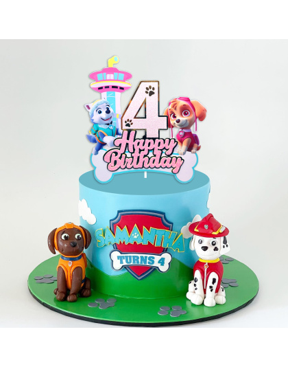 Paw Patrol Themed 4rd Birthday Cake Topper, Glitter Number 4 with Happy Birthday Lettering, Featuring Skye, Everest &amp; Lookout Tower, Perfect for 4rd Birthday Party Decorations, Kids Paw Patrol Party Supplies
