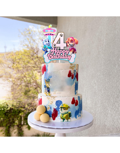 Paw Patrol Themed 4rd Birthday Cake Topper, Glitter Number 4 with Happy Birthday Lettering, Featuring Skye, Everest &amp; Lookout Tower, Perfect for 4rd Birthday Party Decorations, Kids Paw Patrol Party Supplies