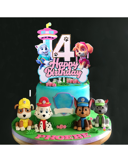 Paw Patrol Themed 4rd Birthday Cake Topper, Glitter Number 4 with Happy Birthday Lettering, Featuring Skye, Everest &amp; Lookout Tower, Perfect for 4rd Birthday Party Decorations, Kids Paw Patrol Party Supplies