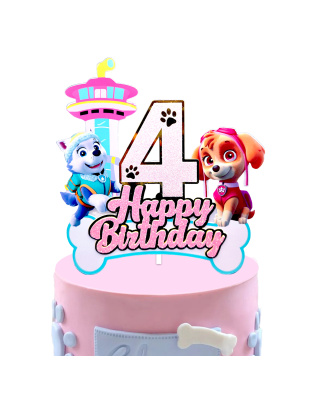 Paw Patrol Themed 4rd Birthday Cake Topper, Glitter Number 4 with Happy Birthday Lettering, Featuring Skye, Everest &amp; Lookout Tower, Perfect for 4rd Birthday Party Decorations, Kids Paw Patrol Party Supplies