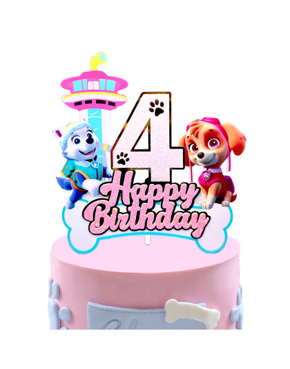 Paw Patrol Themed 4rd Birthday Cake Topper, Glitter Number 4 with Happy Birthday Lettering, Featuring Skye, Everest &amp; Lookout Tower, Perfect for 4rd Birthday Party Decorations, Kids Paw Patrol Party Supplies