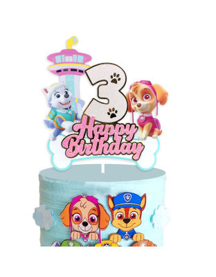 3rd Birthday Paw Patrol Cake Topper, Glitter Number 3 &amp; Paw Patrol Pups Skye, Everest, Happy Birthday Design with Lookout Tower, Great for 3rd Birthday Party Decor, Kids Cartoon Party Essentials