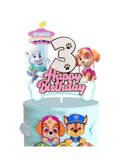 3rd Birthday Paw Patrol Cake Topper, Glitter Number 3 &amp; Paw Patrol Pups Skye, Everest, Happy Birthday Design with Lookout Tower, Great for 3rd Birthday Party Decor, Kids Cartoon Party Essentials