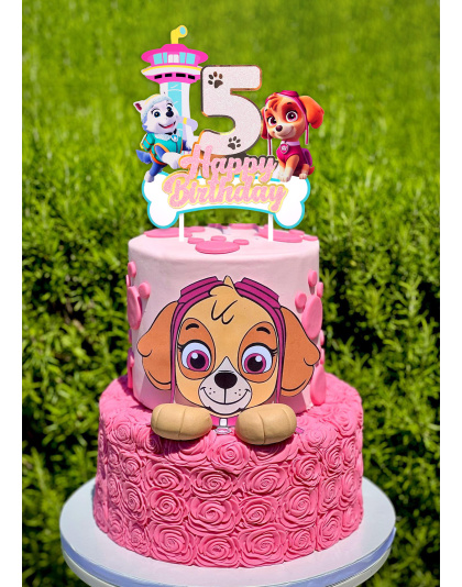 5th Birthday Paw Patrol Cake Topper, Sparkly Number 5 Happy Birthday Decoration Featuring Skye, Everest &amp; Lookout Tower, Perfect for 5th Birthday Party Favors, Kids Cartoon Themed Decor