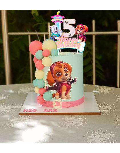 5th Birthday Paw Patrol Cake Topper, Sparkly Number 5 Happy Birthday Decoration Featuring Skye, Everest &amp; Lookout Tower, Perfect for 5th Birthday Party Favors, Kids Cartoon Themed Decor