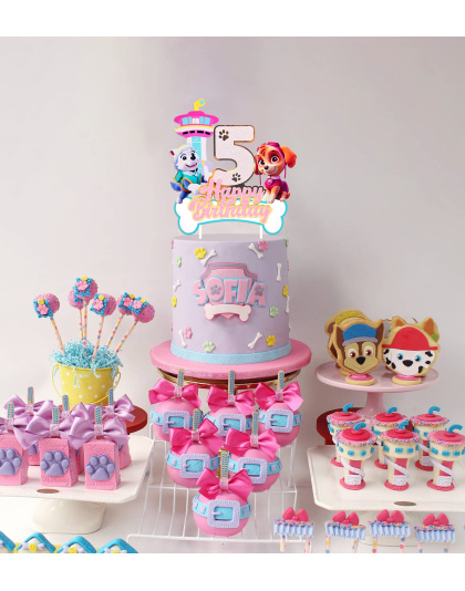 5th Birthday Paw Patrol Cake Topper, Sparkly Number 5 Happy Birthday Decoration Featuring Skye, Everest &amp; Lookout Tower, Perfect for 5th Birthday Party Favors, Kids Cartoon Themed Decor