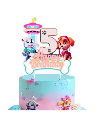 5th Birthday Paw Patrol Cake Topper, Sparkly Number 5 Happy Birthday Decoration Featuring Skye, Everest &amp; Lookout Tower, Perfect for 5th Birthday Party Favors, Kids Cartoon Themed Decor
