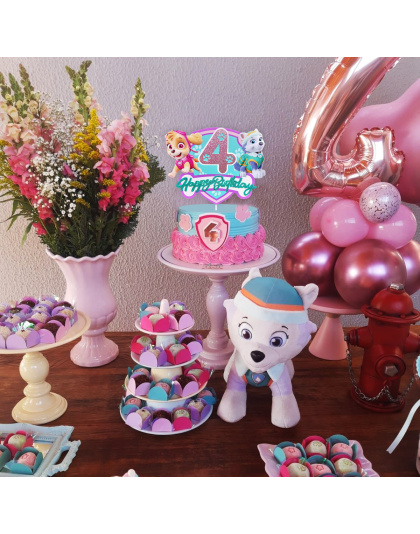 Sparkly Paw Patrol 4th Birthday Cake Topper - Skye, Everest &amp; Lookout Tower Cartoon Decoration, Perfect for Kids Party Favors