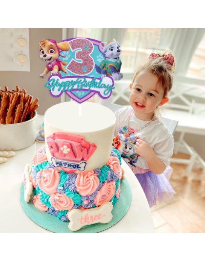 Paw Patrol 3th Birthday Cake Decoration - Glitter Number 3 Topper with Skye, Everest &amp; Lookout Tower, Kids Themed Party Supplies