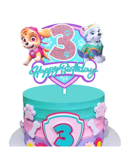 Paw Patrol 3th Birthday Cake Decoration - Glitter Number 3 Topper with Skye, Everest &amp; Lookout Tower, Kids Themed Party Supplies