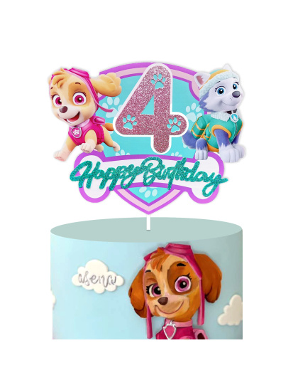 Sparkly Paw Patrol 4th Birthday Cake Topper - Skye, Everest &amp; Lookout Tower Cartoon Decoration, Perfect for Kids Party Favors