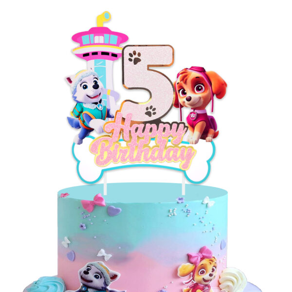 5th Birthday Paw Patrol Cake Topper, Sparkly Number 5 Happy Birthday Decoration Featuring Skye, Everest & Lookout Tower, Perfect for 5th Birthday Party Favors, Kids Cartoon Themed Decor