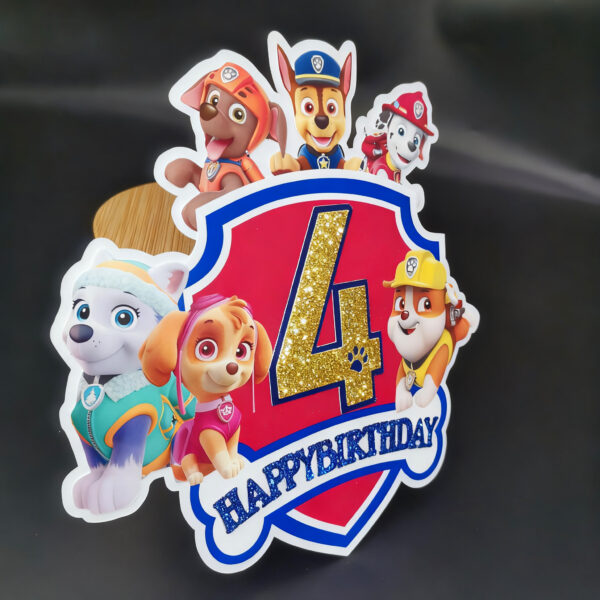 Paw Patrol Birthday Cake Topper, Glittery Number 4 Happy Birthday Decoration with Cute Puppy Heroes for 4th Birthday Party Supplies, Kids Cartoon Themed Cake Decor