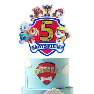 Paw Patrol 5th Birthday Cake Topper, Glitter Number 5 Happy Birthday Cake Decoration with Paw Patrol Characters, Ideal for 5th Birthday Party Supplies, Kids Cartoon Themed Party Decor