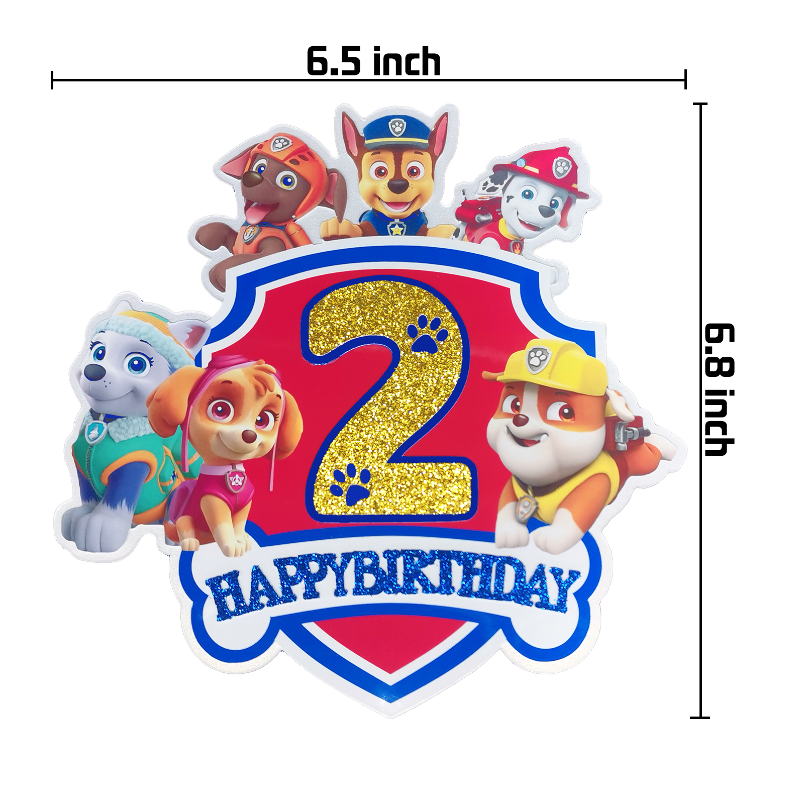 Paw Patrol Birthday Cake Topper, Glittery Number 2 Happy Birthday Cake Decoration with Paw Patrol Characters, Perfect for 2nd Birthday Party Supplies, Kids Cartoon Themed Party Decor - Image 2