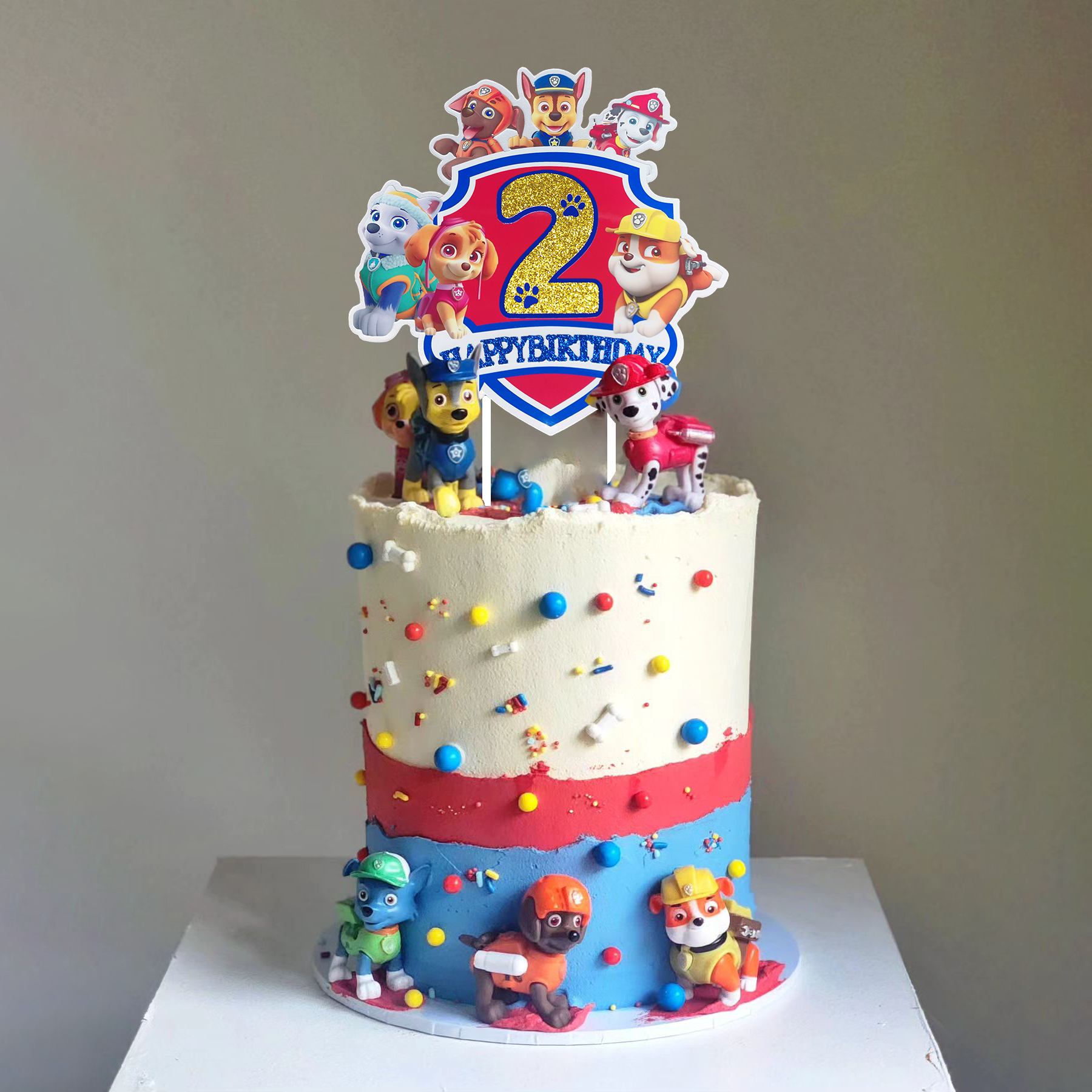 Paw Patrol Birthday Cake Topper, Glittery Number 2 Happy Birthday Cake Decoration with Paw Patrol Characters, Perfect for 2nd Birthday Party Supplies, Kids Cartoon Themed Party Decor - Image 6