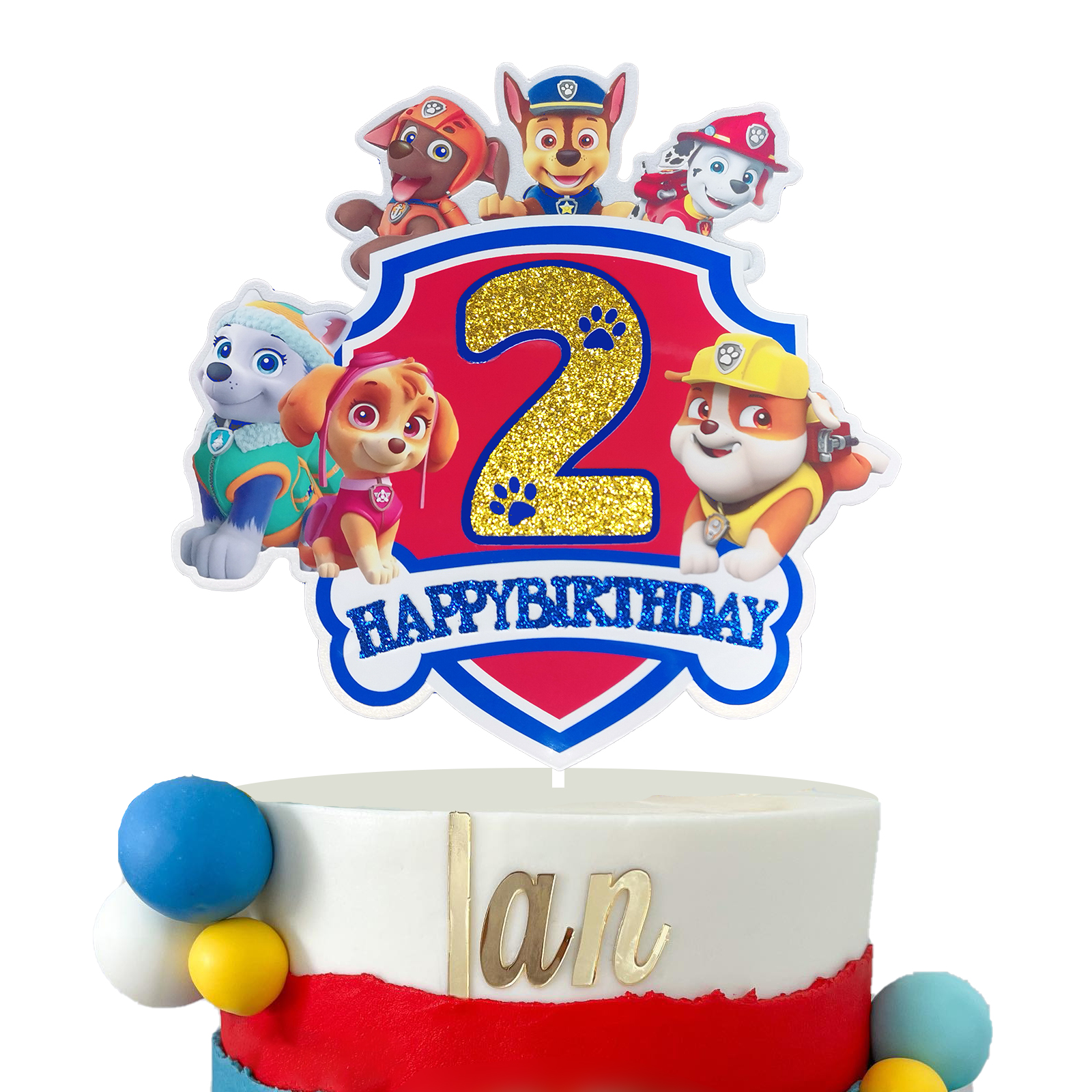 Paw Patrol Birthday Cake Topper, Glittery Number 2 Happy Birthday Cake Decoration with Paw Patrol Characters, Perfect for 2nd Birthday Party Supplies, Kids Cartoon Themed Party Decor