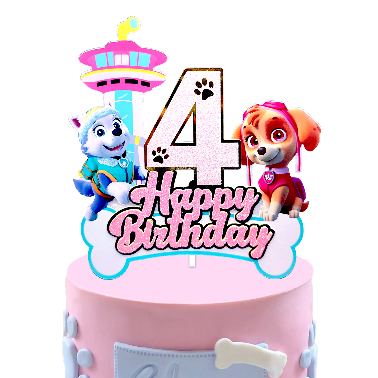 Paw Patrol Themed 4rd Birthday Cake Topper, Glitter Number 4 with Happy Birthday Lettering, Featuring Skye, Everest & Lookout Tower, Perfect for 4rd Birthday Party Decorations, Kids Paw Patrol Party Supplies